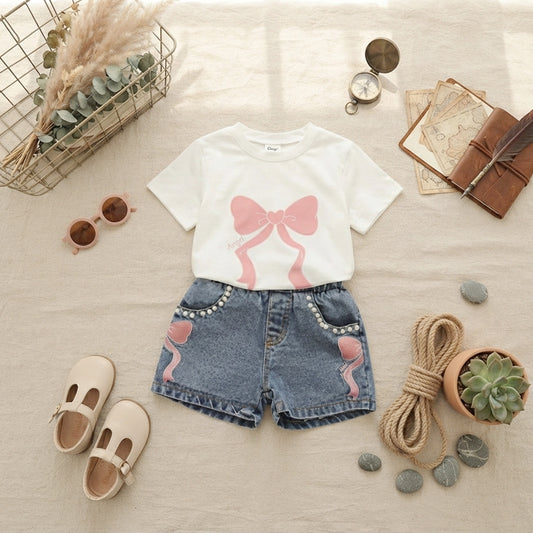 Girls Pink Bow T-Shirt & Pearl Denim Shorts Set – Toddler Summer Outfit