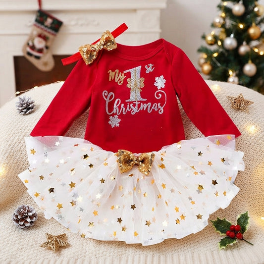 Baby Girl's "My 1st Christmas" Long Sleeve Bodysuit & Starry Tutu Skirt Set with Headband