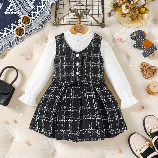 Girls' Chic Plaid Vest & Pleated Skirt Set with Long Sleeve Top - Elegant 3-Piece Outfit