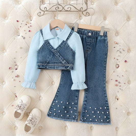 Girls' Chic Denim Vest & Ruffled Long-Sleeve Set with Pearl Embellished Flare Jeans