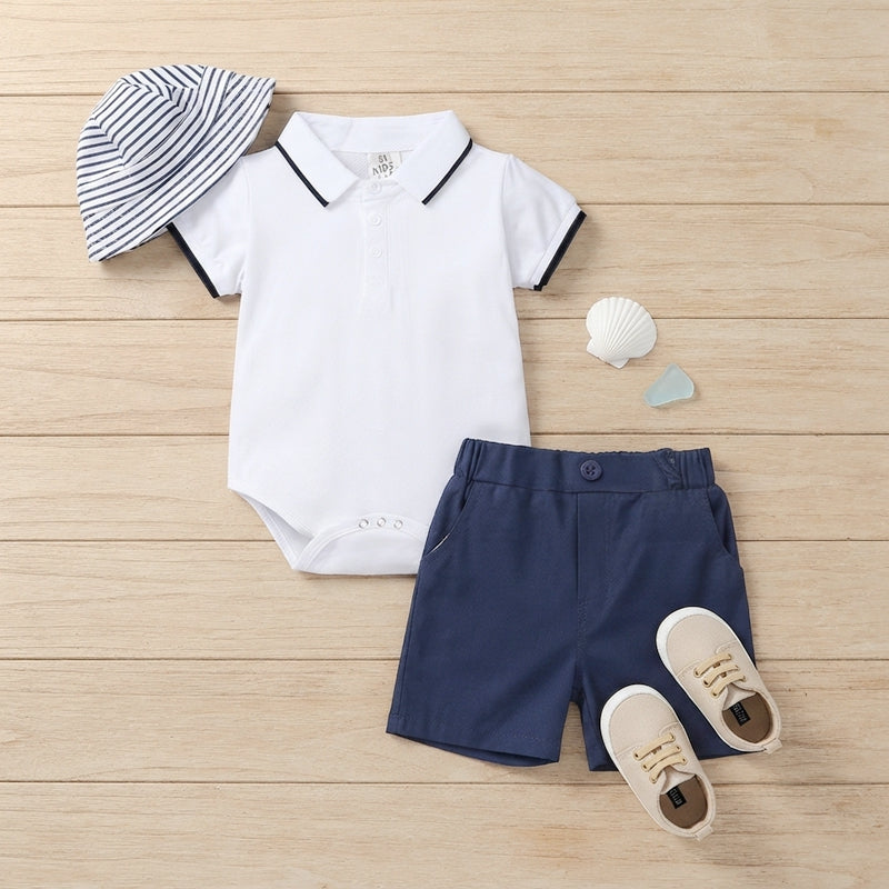 Baby Boy Gentleman Nautical Polo Romper & Shorts Set with Hat