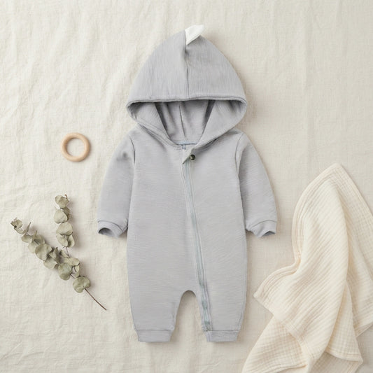Baby Cute Dinosaur Hooded Romper – Cotton Long-Sleeve Newborn Jumpsuit with Diagonal Zipper