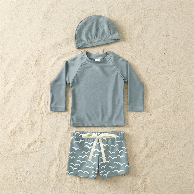 Baby & Toddler Long-Sleeve Rash Guard Swimsuit Set with Matching Hat - Seagull Print