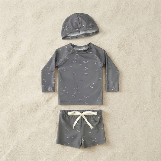 Baby & Toddler Long-Sleeve Rash Guard Swimsuit Set with Matching Hat - Seagull Print