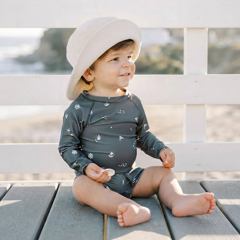 Baby & Toddler Long-Sleeve Rash Guard Swimsuit Set with Matching Hat - Seagull Print