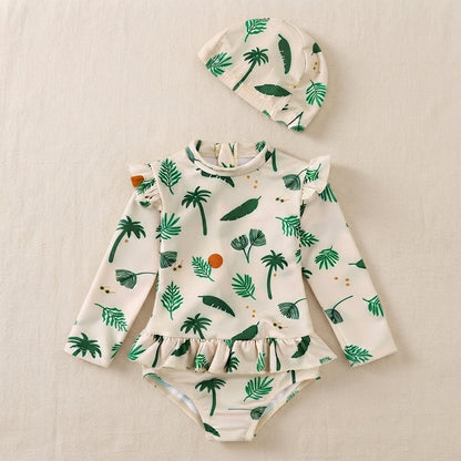 Baby & Toddler Olive Print Long Sleeve Ruffle One-Piece Swimsuit with Matching Cap