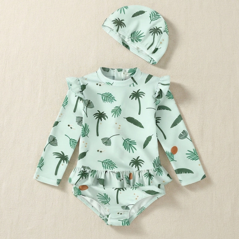Baby & Toddler Olive Print Long Sleeve Ruffle One-Piece Swimsuit with Matching Cap