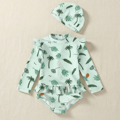 Baby & Toddler Olive Print Long Sleeve Ruffle One-Piece Swimsuit with Matching Cap