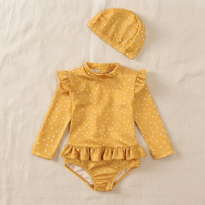 Baby & Toddler Olive Print Long Sleeve Ruffle One-Piece Swimsuit with Matching Cap