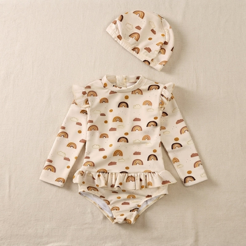 Baby & Toddler Olive Print Long Sleeve Ruffle One-Piece Swimsuit with Matching Cap