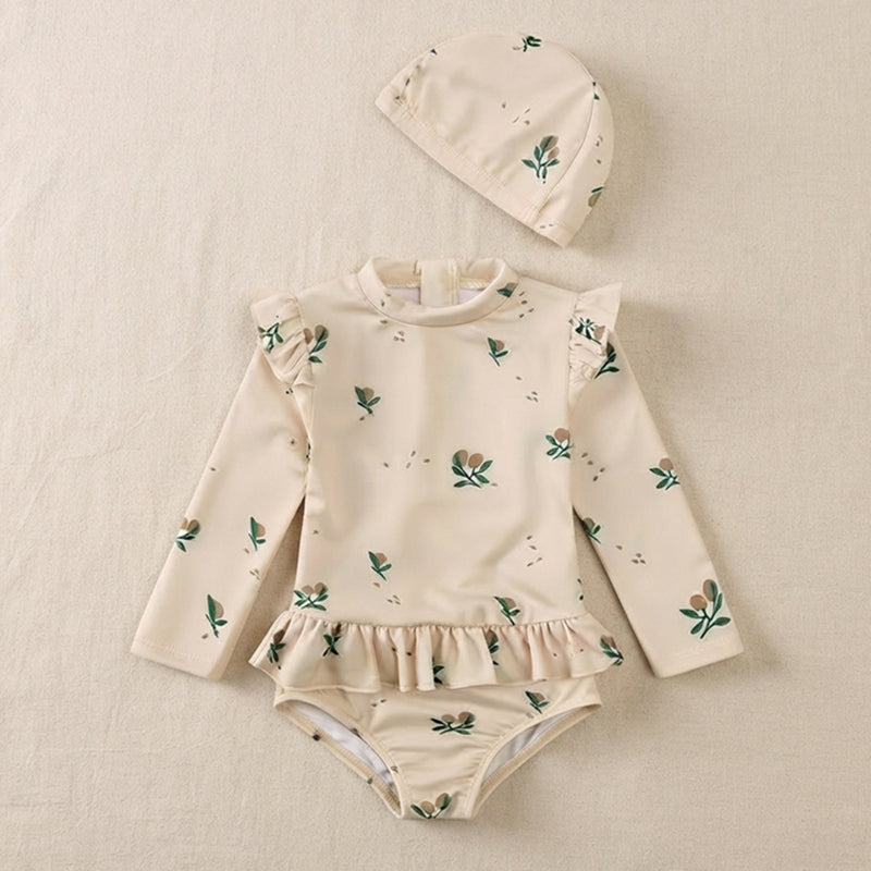 Baby & Toddler Olive Print Long Sleeve Ruffle One-Piece Swimsuit with Matching Cap