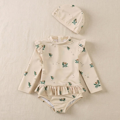 Baby & Toddler Olive Print Long Sleeve Ruffle One-Piece Swimsuit with Matching Cap