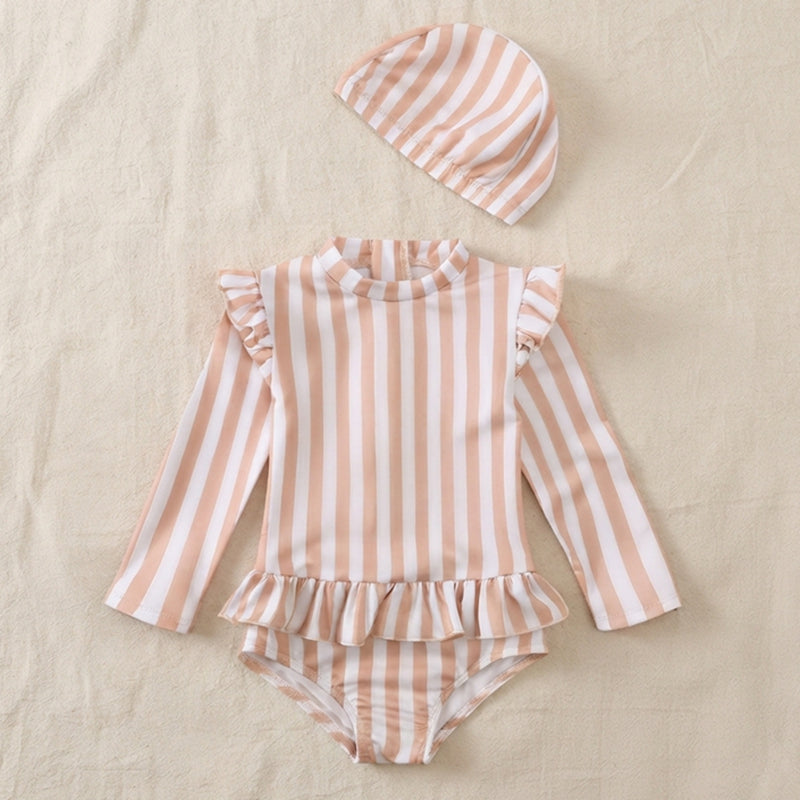 Baby & Toddler Olive Print Long Sleeve Ruffle One-Piece Swimsuit with Matching Cap