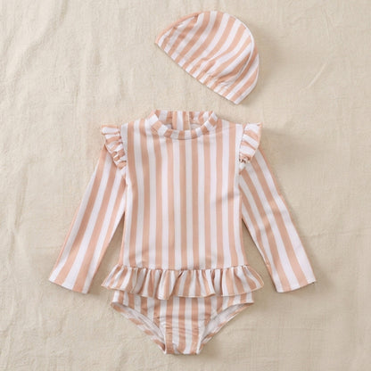 Baby & Toddler Olive Print Long Sleeve Ruffle One-Piece Swimsuit with Matching Cap
