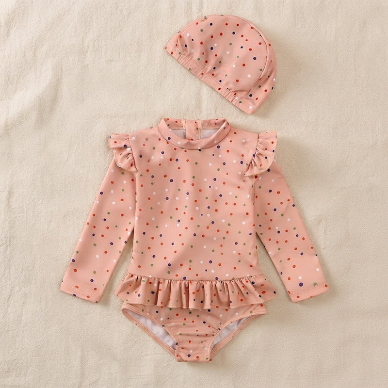 Baby & Toddler Olive Print Long Sleeve Ruffle One-Piece Swimsuit with Matching Cap