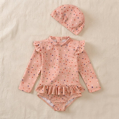 Baby & Toddler Olive Print Long Sleeve Ruffle One-Piece Swimsuit with Matching Cap