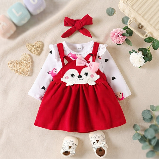 Baby Girl Fox Applique Dress Set Long Sleeve Ruffle Shirt with Headband