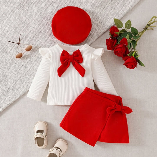 Toddler Baby Girl Red Bow Long Sleeve Top and Skirt Set with Beret