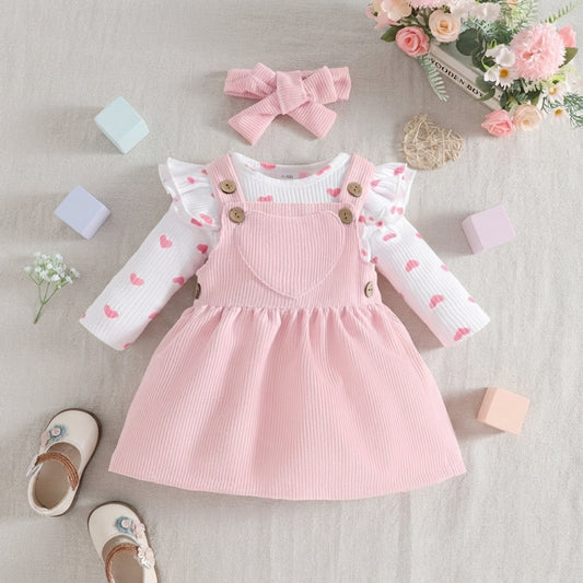 Toddler Baby Girl Pink Heart Romper and Corduroy Pinafore Dress Set with Headband