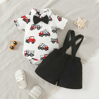 Baby Boy Cute Safari Animals Romper & Suspender Shorts Set with Bowtie