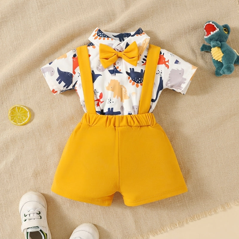 Baby Boy Cute Safari Animals Romper & Suspender Shorts Set with Bowtie