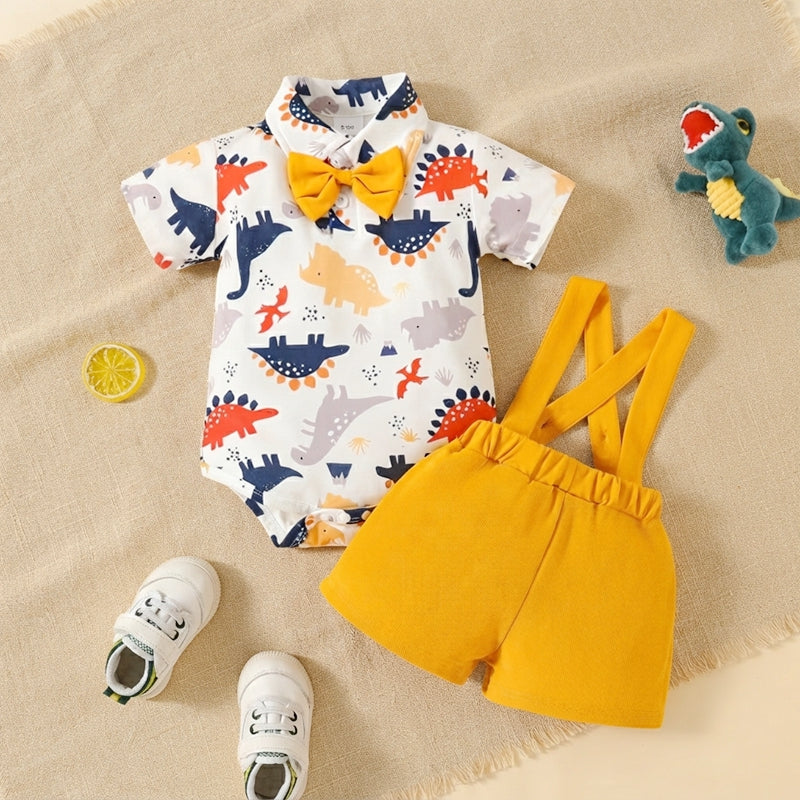 Baby Boy Cute Safari Animals Romper & Suspender Shorts Set with Bowtie