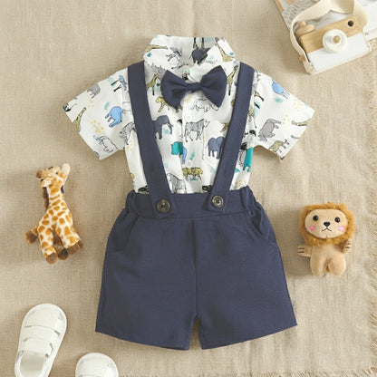 Baby Boy Cute Safari Animals Romper & Suspender Shorts Set with Bowtie