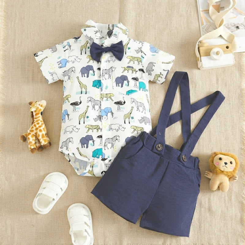 Baby Boy Cute Safari Animals Romper & Suspender Shorts Set with Bowtie