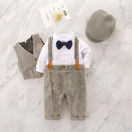 Baby Boy Gentleman 3-Piece Romper Set with Vest & Hat