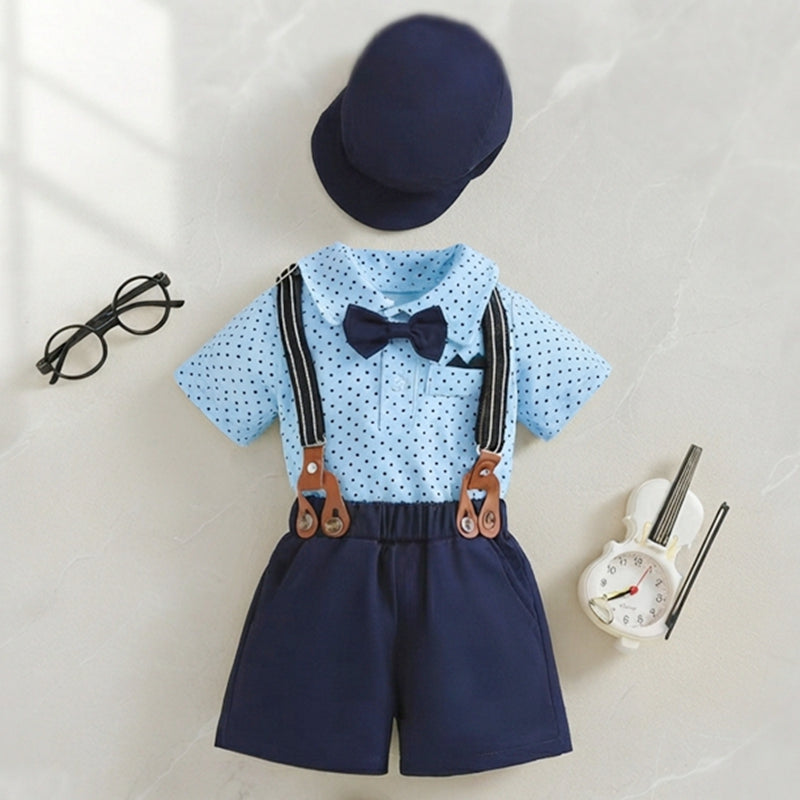 Baby Boy Polka Dot Gentleman Outfit Set – Short Sleeve Romper, Suspenders Shorts & Matching Hat