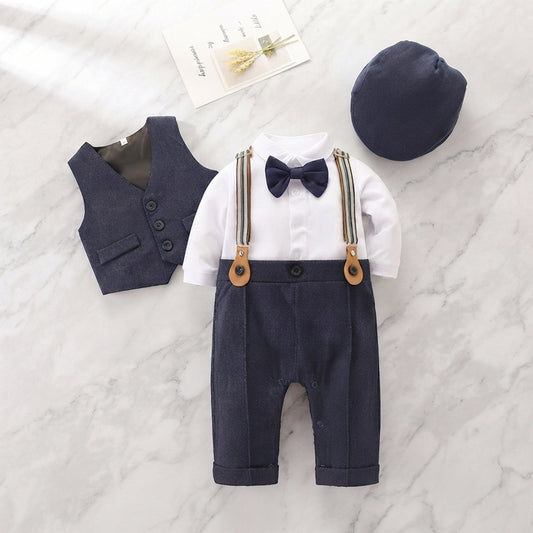 Baby Boy Gentleman 3-Piece Romper Set with Vest & Hat