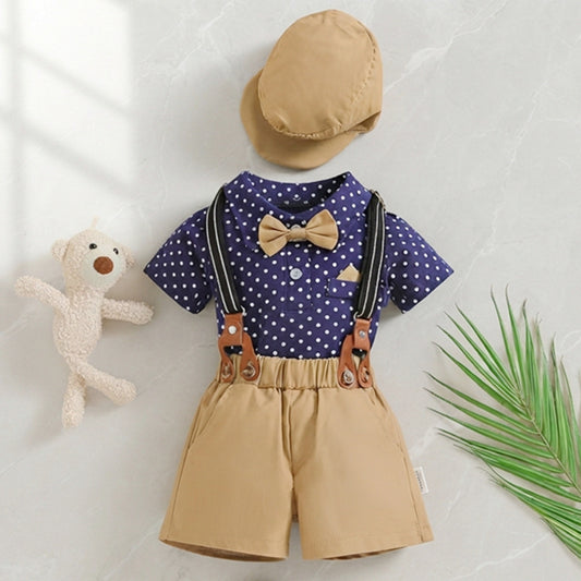Baby Boy Polka Dot Gentleman Outfit Set – Short Sleeve Romper, Suspenders Shorts & Matching Hat