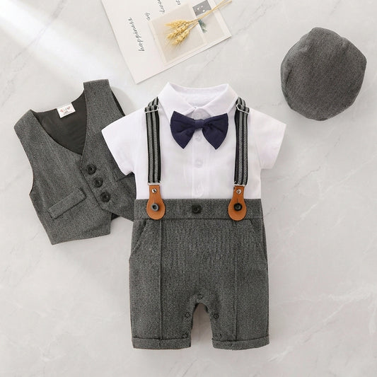 Baby Boy Gentleman Outfit Set – Short Sleeve Romper, Vest & Hat
