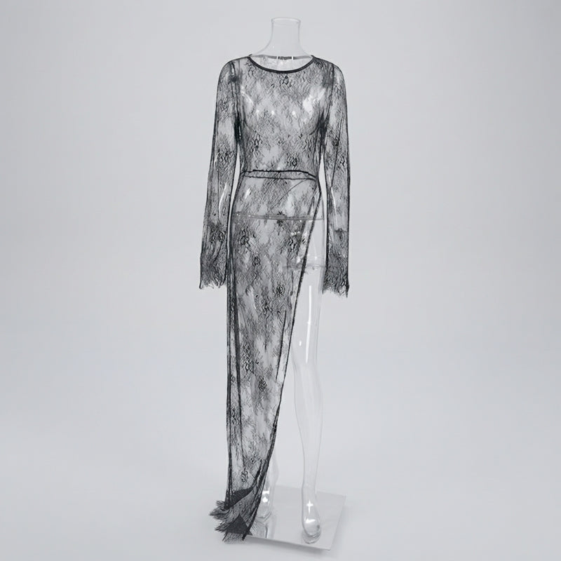 Elegance Unveiled Sheer Lace Patchwork Long Dress
