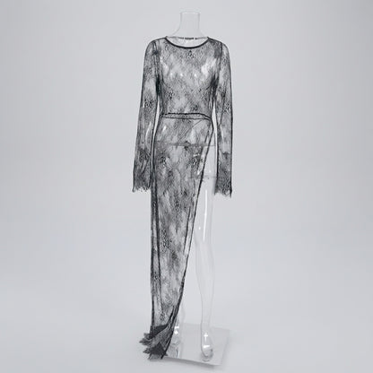 Elegance Unveiled Sheer Lace Patchwork Long Dress