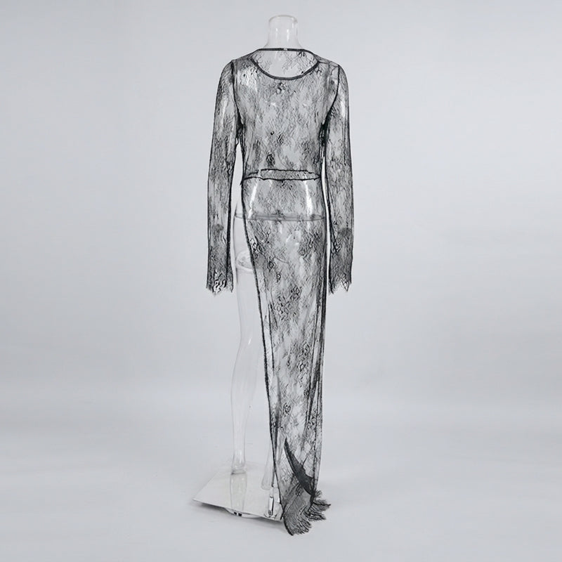 Elegance Unveiled Sheer Lace Patchwork Long Dress
