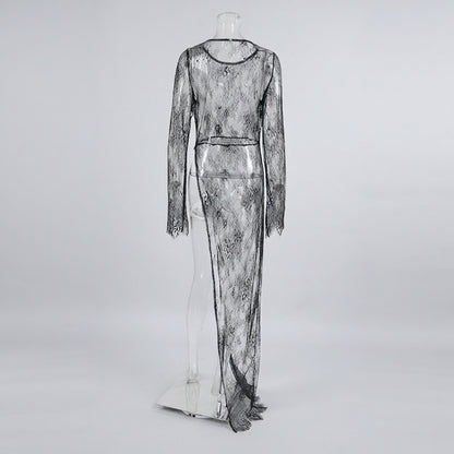 Elegance Unveiled Sheer Lace Patchwork Long Dress