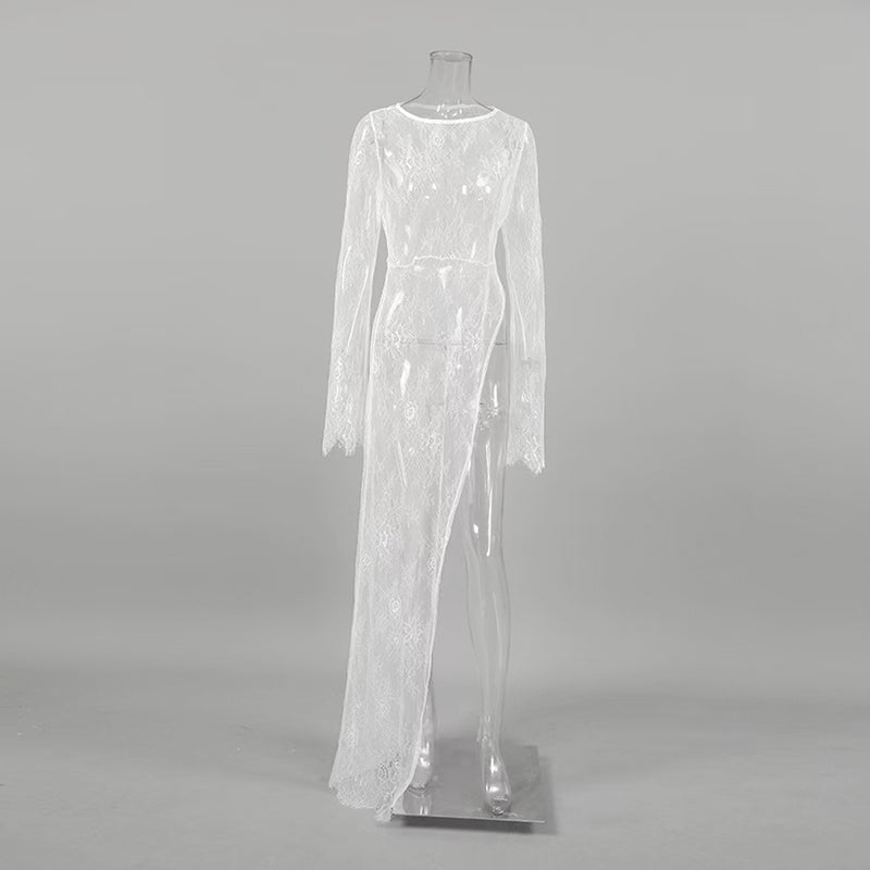Elegance Unveiled Sheer Lace Patchwork Long Dress
