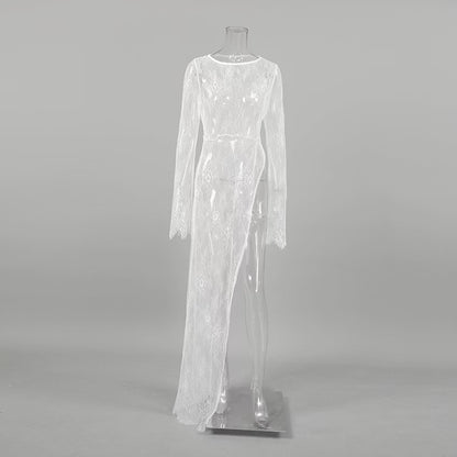 Elegance Unveiled Sheer Lace Patchwork Long Dress