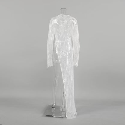 Elegance Unveiled Sheer Lace Patchwork Long Dress