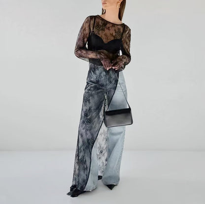 Elegance Unveiled Sheer Lace Patchwork Long Dress