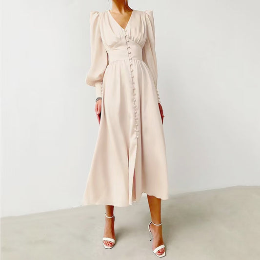 Elegant V-Neck Long-Sleeve Button-Front Midi Dress