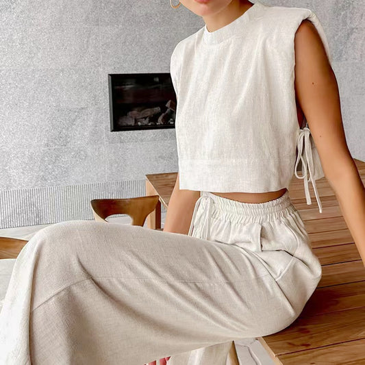 Casual Chic Sleeveless Crop Top and Wide-Leg Pants Set