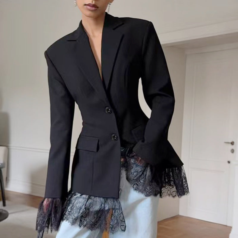 Lace Trim Tailored Waist-Cinching Blazer Jacket
