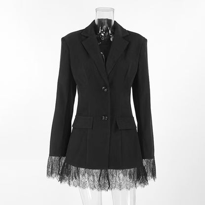 Lace Trim Tailored Waist-Cinching Blazer Jacket