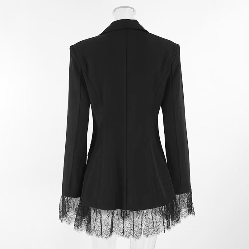 Lace Trim Tailored Waist-Cinching Blazer Jacket