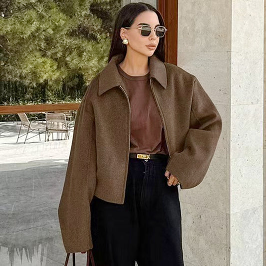 Classic Lapel Zip-Up Short Woolen Coat