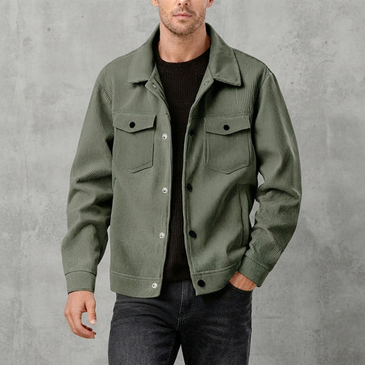 Men's Casual Corduroy Jacket Vintage Lapel Button-Down Long Sleeve Overshirt