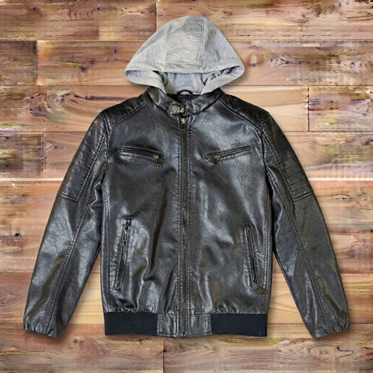 Custom Men's Black Faux Leather Hooded Moto Jacket