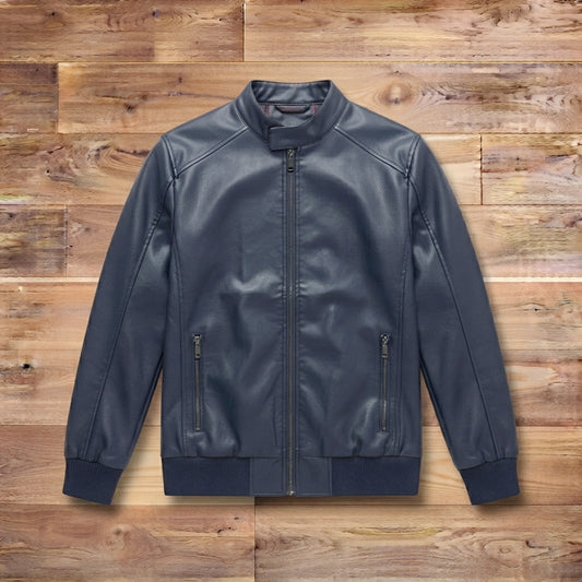 Custom Men's Navy Blue Faux Leather Moto Jacket